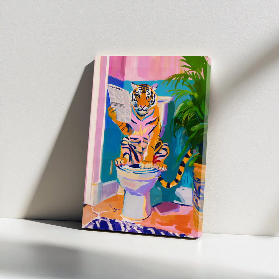 Tiger on Toilet Canvas Print | Colorful Pop Art Bathroom Decor | Premium Fade-Resistant Ink Wall Art | Unique Housewarming Gift