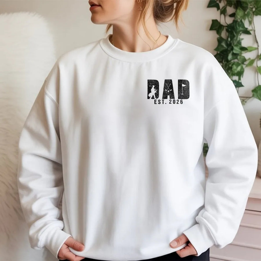 Dad Est 2026 Sweatshirt | New Dad To Be Golfer Silhouette Graphic | Premium Cotton Blend Pullover | Gift for Expectant Father