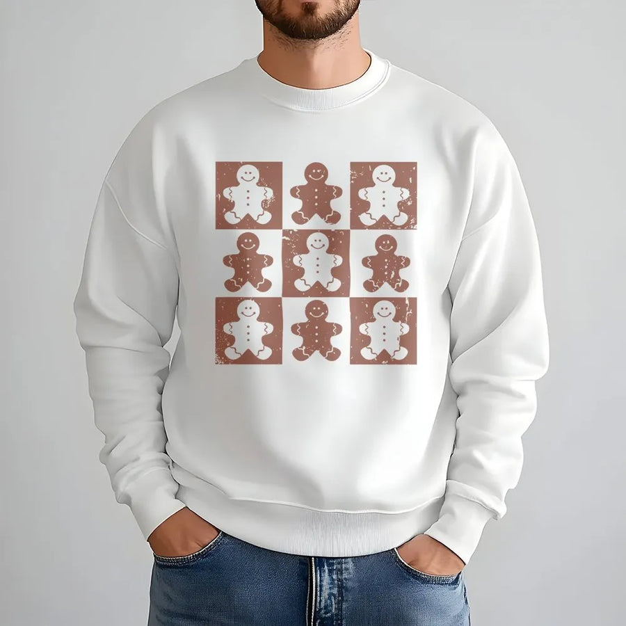 Gingerbread Man Sweatshirt | Checkered Retro Holiday Graphic | Premium Cotton Blend Crewneck | Cute Christmas Gift for Her