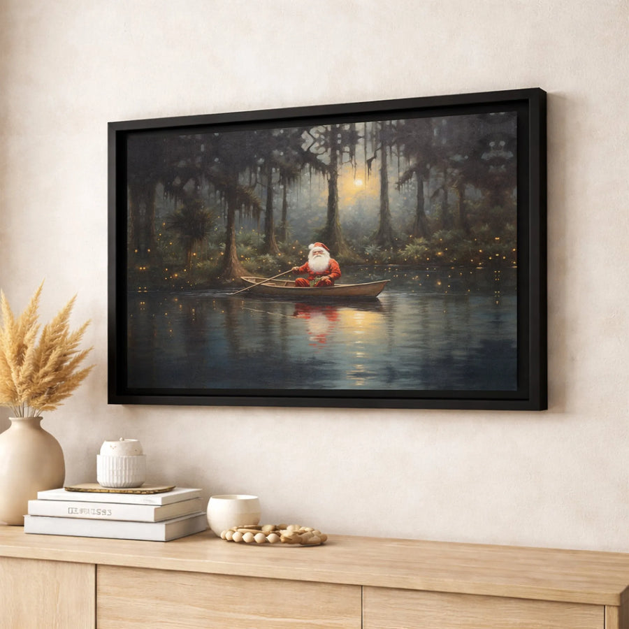 Santa Claus Bayou Canvas Art | Magical Swamp Christmas Boat Scene | Premium Gallery Wrap Print | Whimsical Holiday Home Decor Gift