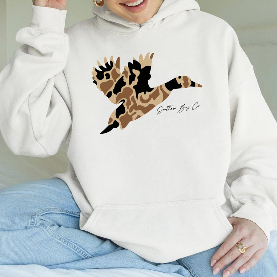 Camo Duck Graphic Hoodie | Flying Mallard Bird Silhouette | Premium Cotton-Blend Sweatshirt | Country Style Gift For Men And Women