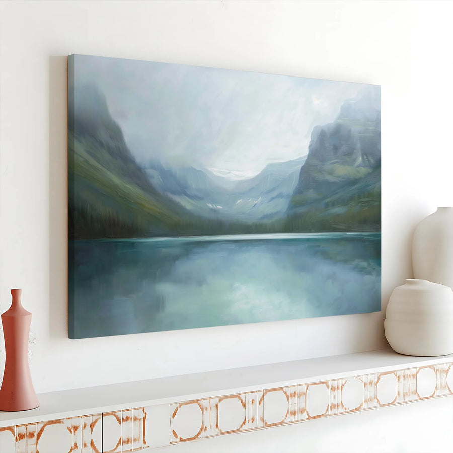 Misty Mountain Lake Canvas Art | Abstract Pacific Northwest Painting | Premium Gallery Wrap Canvas | Modern Home Decor Gift