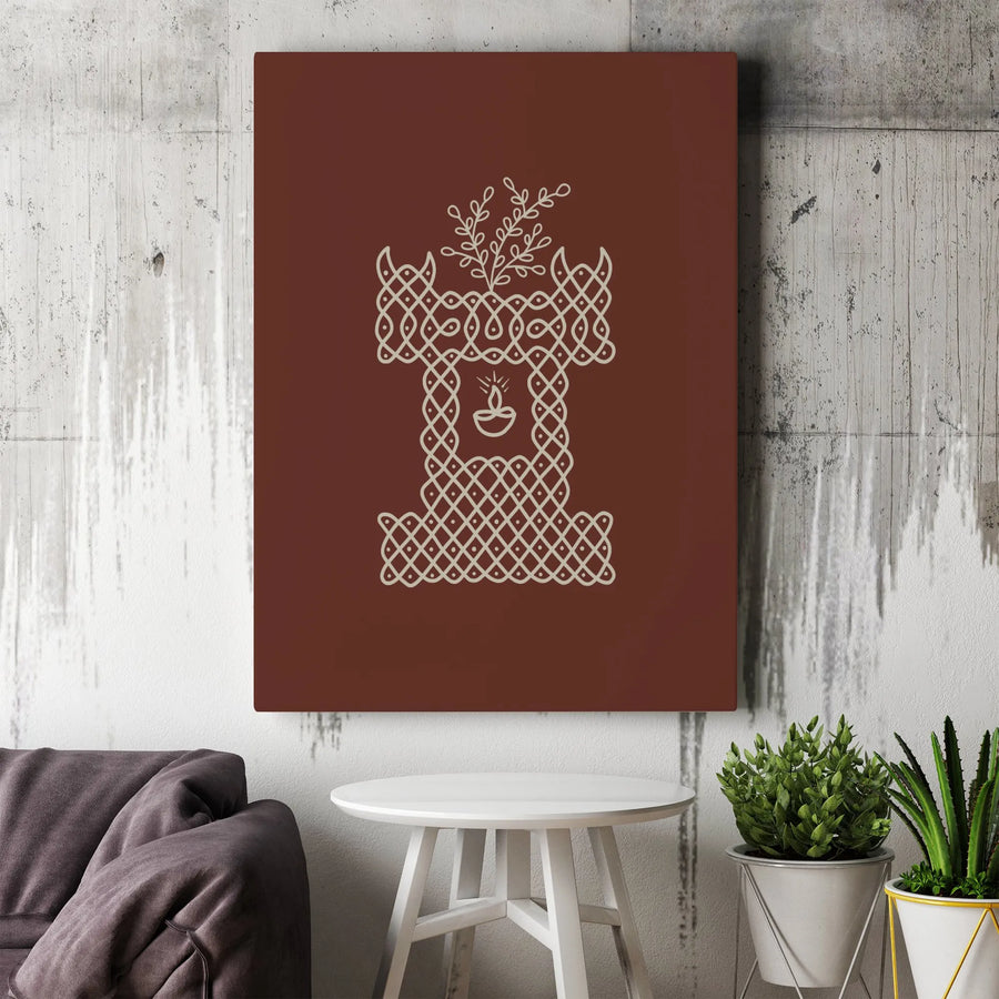 Tulsi Kolam Canvas Wall Art | Traditional Rangoli Line Drawing Print | Premium Gallery Wrap Canvas | Spiritual Hindu Home Decor Gift