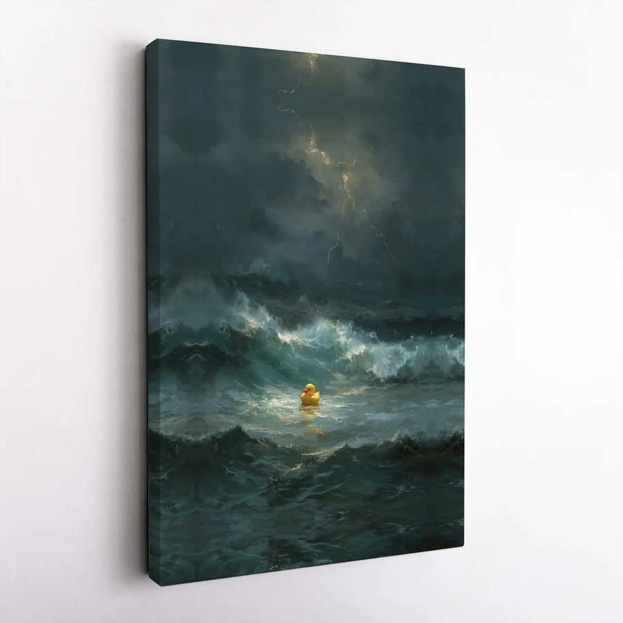 Rubber Duck in Storm Canvas Art | Surreal Ocean Lightning Painting | Premium Framed Canvas Print | Unique Office & Living Room Decor Gift