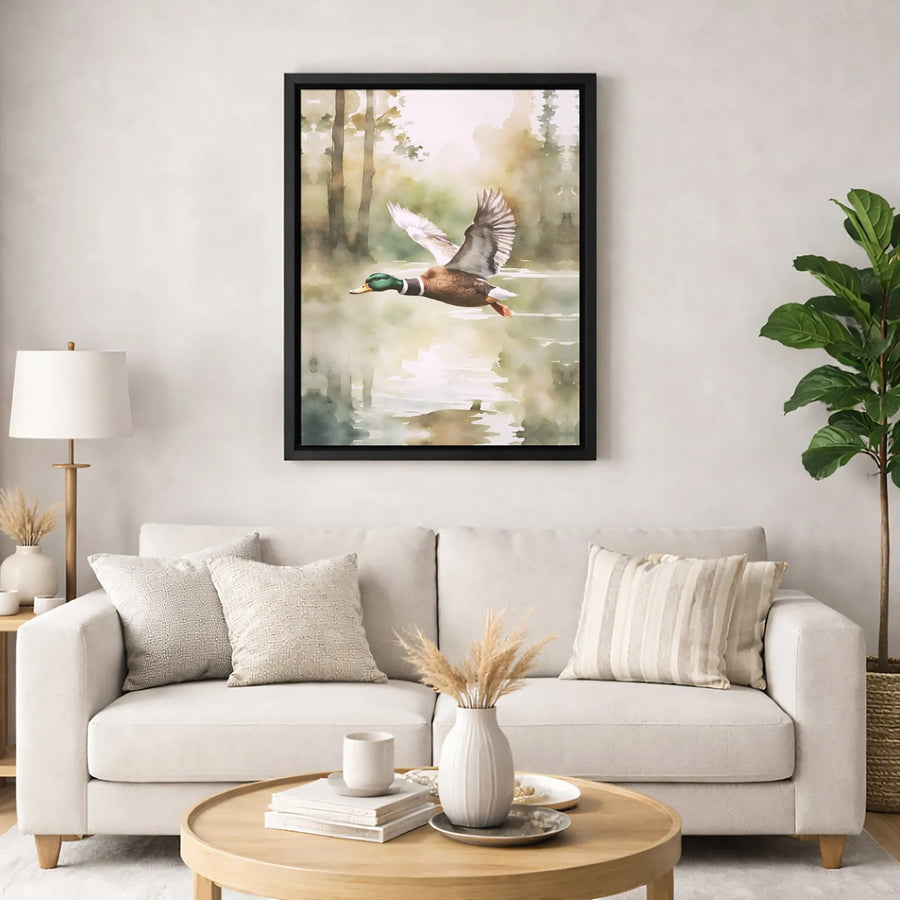 Mallard Duck Canvas Wall Art | Watercolor Flying Duck Nature Print | Premium 1.25-Inch Gallery Wrap | Rustic Wildlife Home Decor Gift