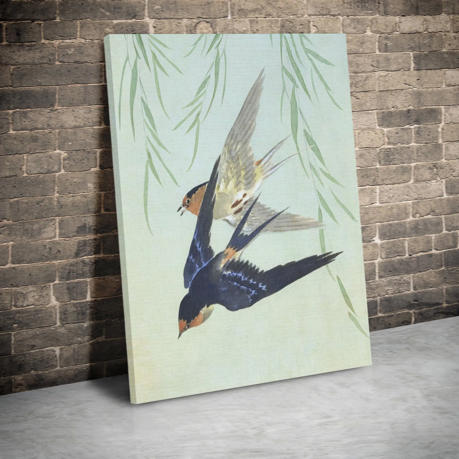 Japanese Bird Wall Art | Flying Swallows with Willow Branches | Premium Gallery-Wrapped Canvas | Elegant Home Decor for Living Room Gift