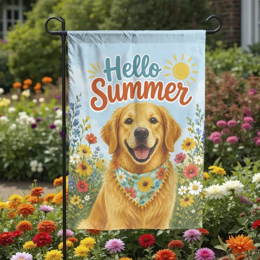Golden Retriever Dog Garden Flag | Hello Summer Floral Outdoor Banner | Double-Sided Premium Weather-Resistant Polyester | Yard Decor Gift for Dog Lovers