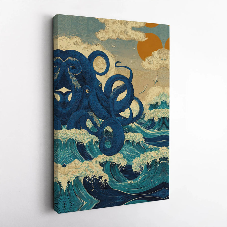 Japanese Octopus Canvas Print | Ukiyo-e Style Great Wave Wall Art | Premium Gallery Canvas | Nautical Home Decor Gift for Ocean Lovers