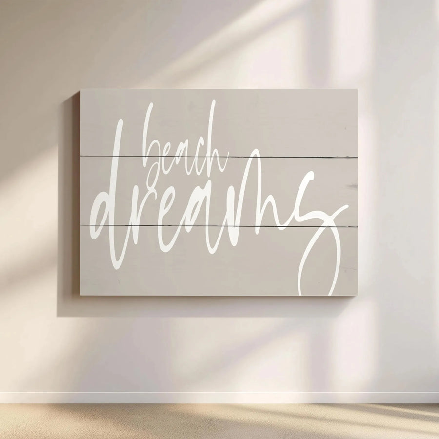 Beach Dreams Canvas Wall Art | Modern Script Quote on Faux Shiplap | Premium Canvas Print | Coastal Home Decor Gift
