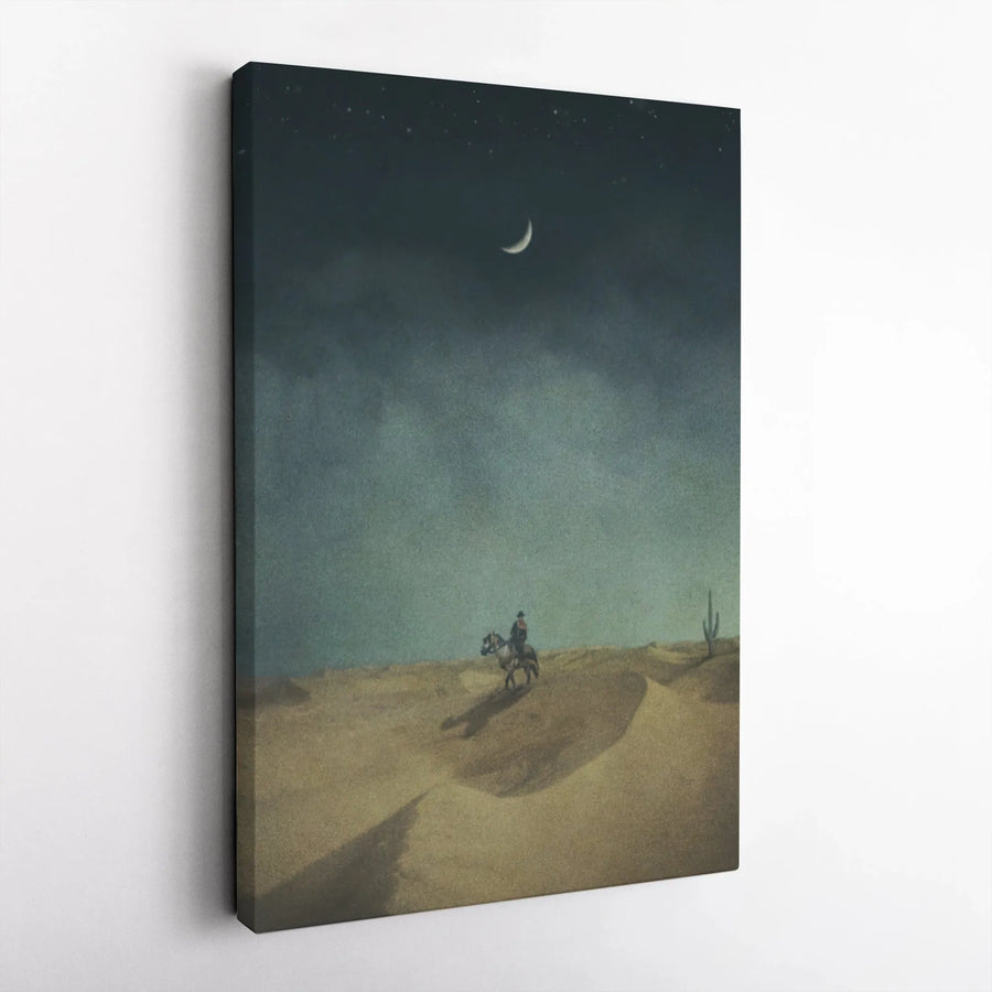 Lone Cowboy Canvas Wall Art | Desert Night Western Landscape | Premium 1.25" Gallery Wrap | Southwestern Home Decor Gift