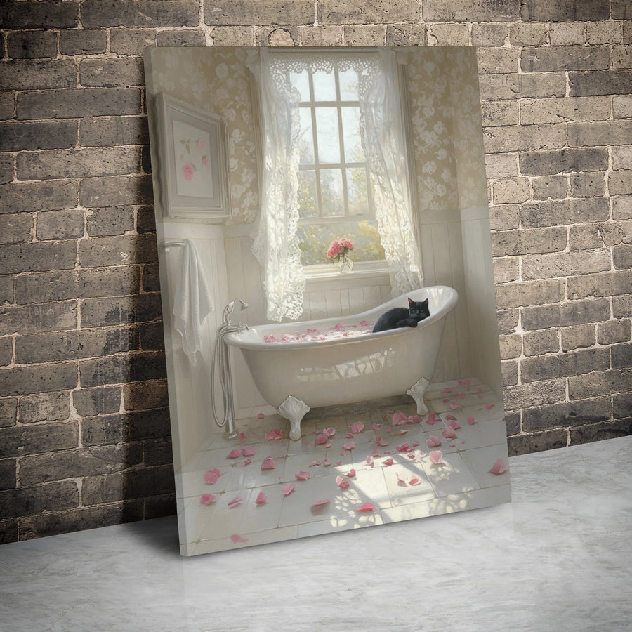 Black Cat in Clawfoot Bathtub Canvas | Whimsical Floral Bathroom Wall Art | Premium Gallery Wrap Decor | Gift for Cat Lovers