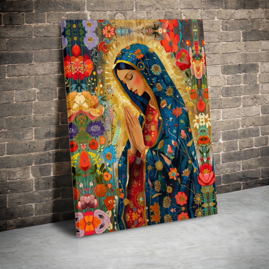 Virgin Mary Canvas Wall Art | Colorful Folk Art Floral Print | 1.25 Inch Gallery Wrap | Religious Home Decor Gift