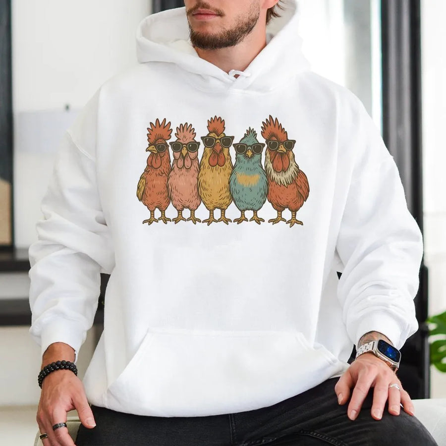 Funny Chicken Hoodie | Cool Retro Chickens With Sunglasses Graphic | Soft Cotton-Blend Premium Quality | Unique Farm Animal Gift For Chicken Lovers