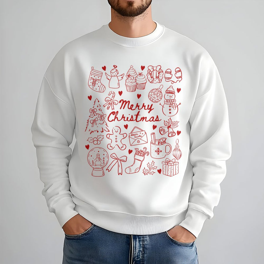 Merry Christmas Sweatshirt | Red Festive Doodle Icons | Cotton Blend Premium Crewneck | Holiday Gift For Her