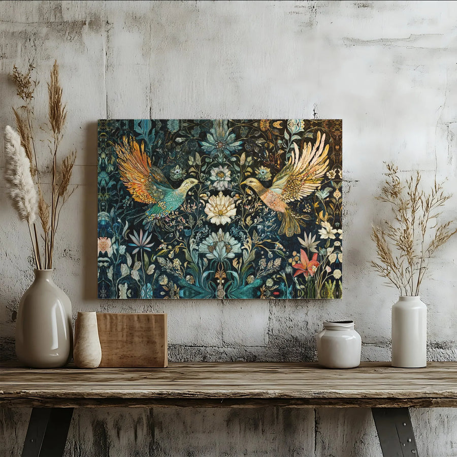 Vintage Botanical Bird Canvas Art | Art Nouveau Floral Garden Wall Decor | Premium Fade-Resistant Gallery Print | Elegant Home Office Gift