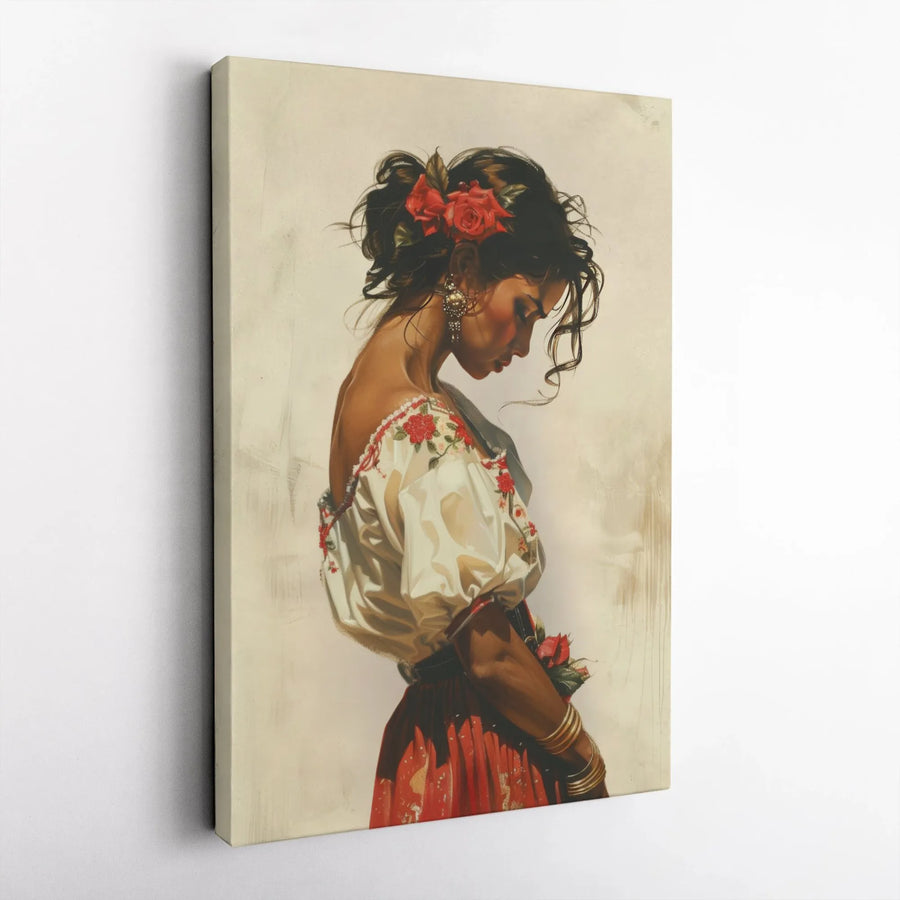 Spanish Woman Portrait Canvas Print | Romantic Red Rose Floral Wall Art | Premium 1.25-Inch Gallery Wrap | Elegant Home Decor for Living Room