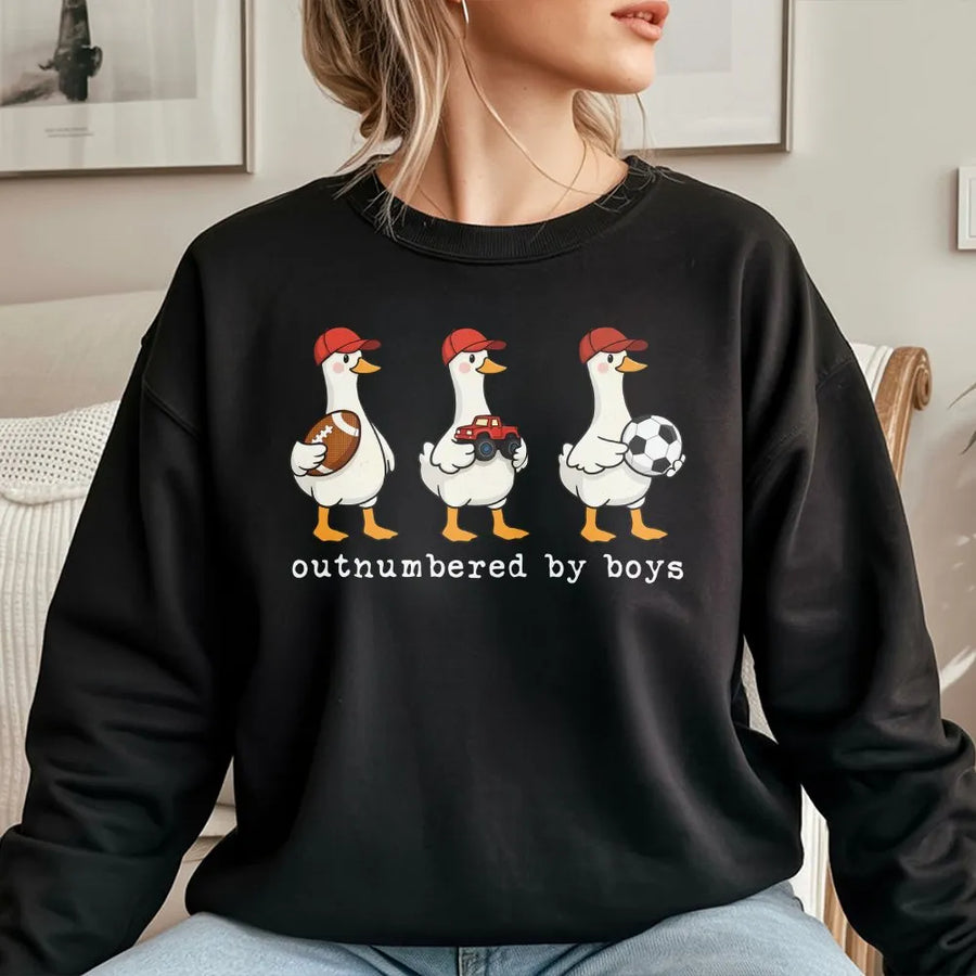 Funny Boy Mom Sweatshirt | Outnumbered By Boys Goose Graphic | Premium Cotton Blend | Mothers Day Gift for Mama