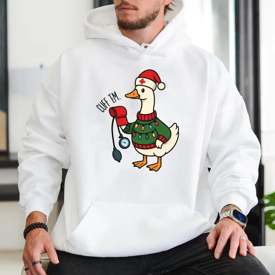 Nurse Christmas Hoodie | Cuff Em Funny Goose Design | Premium Cotton Blend Pullover | Cute Holiday Gift for Nurses and Nursing Students