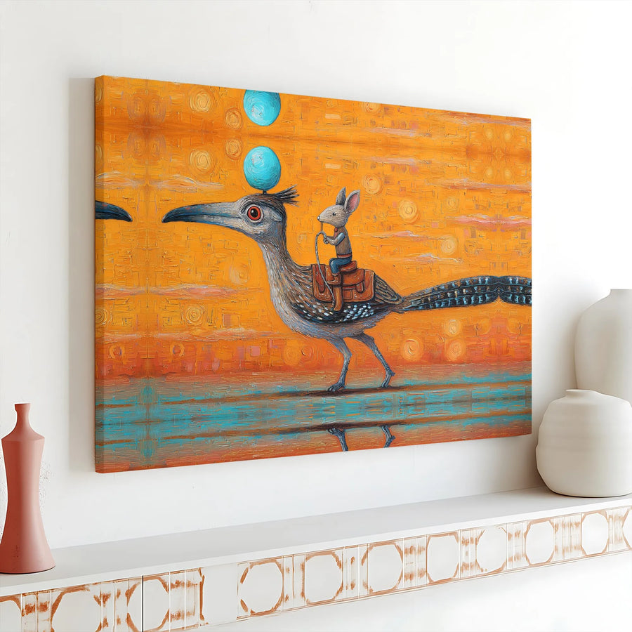 Whimsical Mouse Riding Roadrunner Horizontal Canvas | Surreal Desert Sunset Painting, Textured Art Style | Premium 1.25 Inch Gallery Wrap | Unique Gift for Fantasy Art Lovers