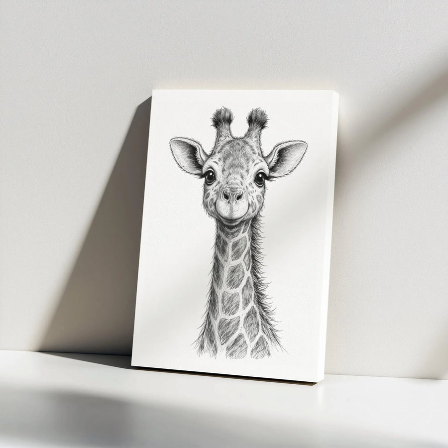 Baby Giraffe Vertical Canvas | Minimalist Pencil Sketch Wall Art | Premium Thick Canvas Print | Nursery Decor Collector's Gift for Kids Room