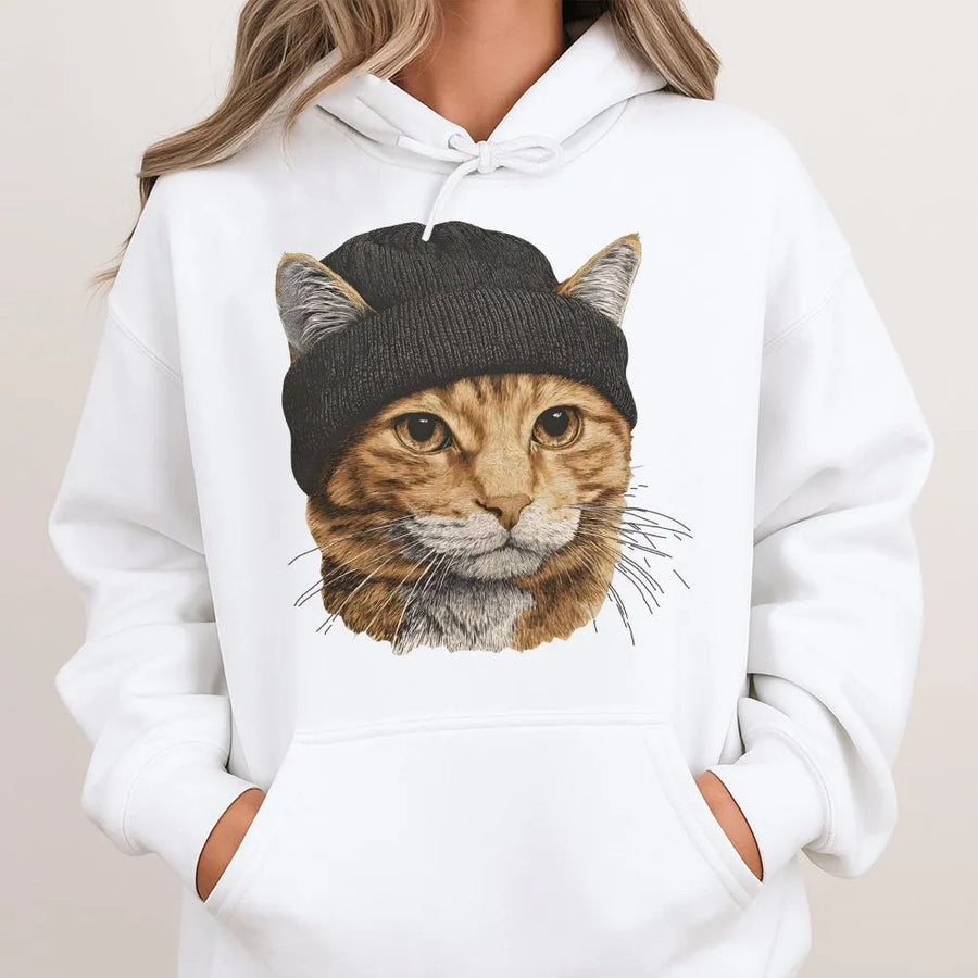 Orange Tabby Cat Hoodie | Cute Ginger Cat Wearing Beanie Graphic | Premium Cotton Blend Pullover | Funny Cat Lover Gift for Men and Women