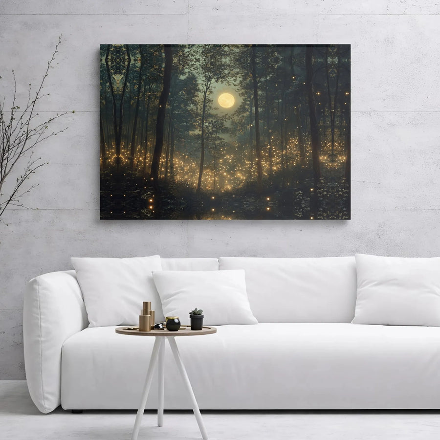 Enchanted Forest Canvas Wall Art | Full Moon & Glowing Fireflies Night Scene | Premium Gallery Wrap Decor | Nature Lover Gift for Home Office