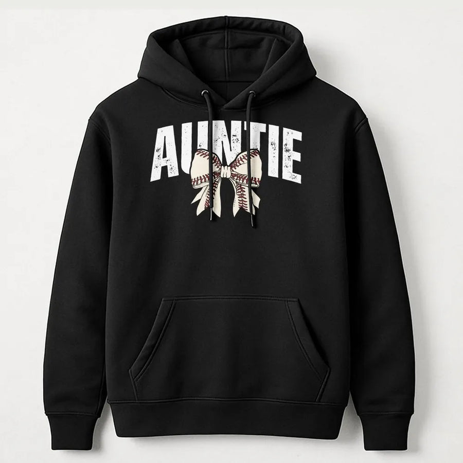 Baseball Auntie Hoodie | Distressed Baseball Seam Bow Graphic | Premium Comfort Colors Cotton | Game Day Apparel Gift for Aunt