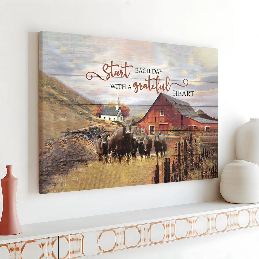 Farmhouse Cow Canvas Wall Art | Start Each Day With A Grateful Heart | 1.25 Inch Gallery Wrap | Rustic Country Home Decor Gift