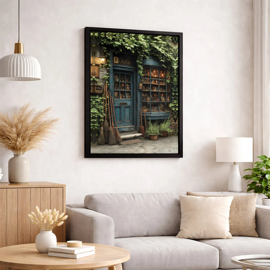 Magical Apothecary Canvas Wall Art | Witchy Shop With Potions And Brooms | Premium Gallery Wrapped Decor | Fantasy Gift For Book Lovers