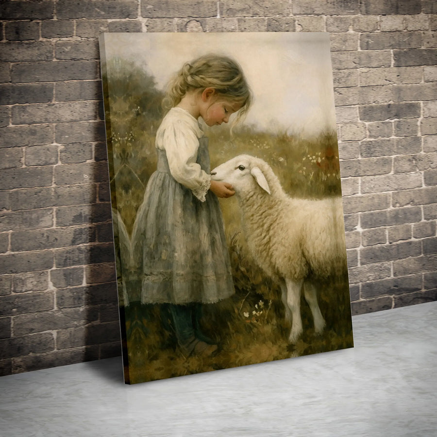 Girl With Lamb Wall Art | Vintage Pastoral Countryside Painting | Premium Gallery Wrap Canvas | Nursery Or Farmhouse Decor Gift