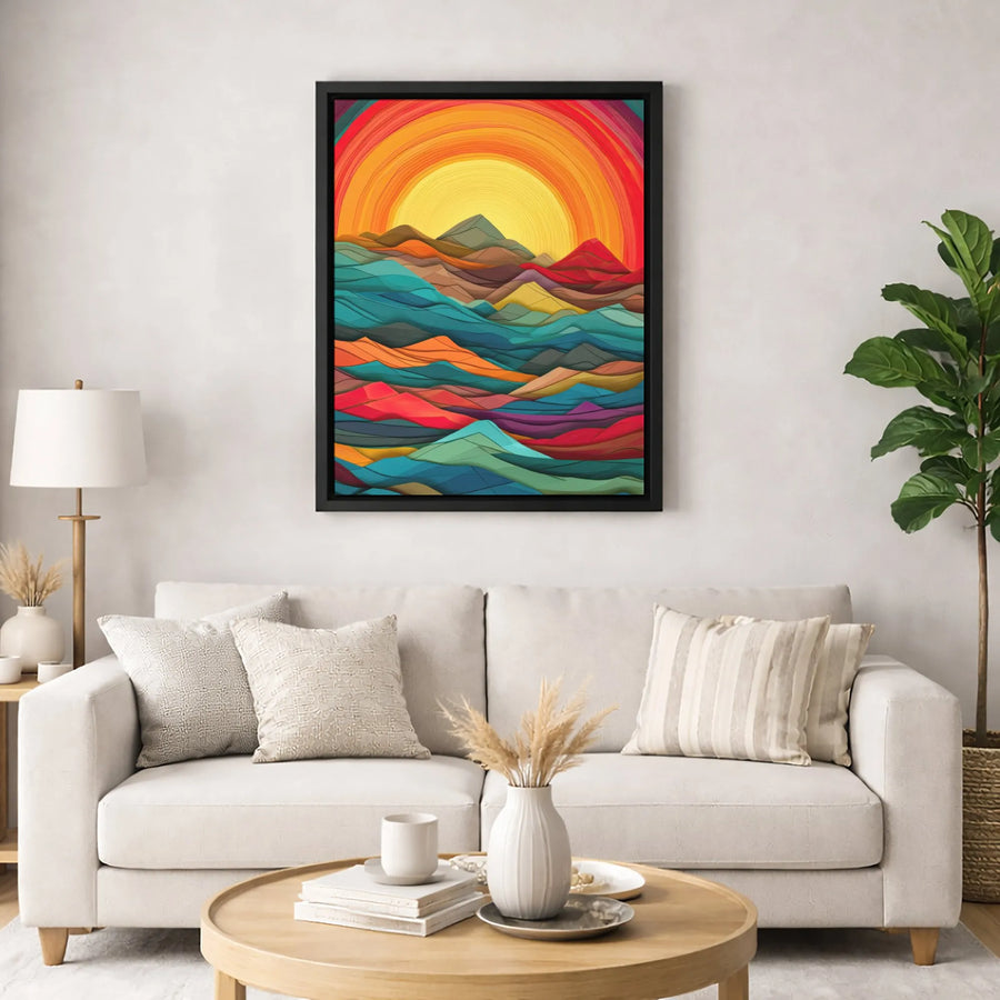 Abstract Mountain Canvas Wall Art | Colorful Layered Landscape with Sun | 1.25-Inch Gallery Wrap | Modern Home Decor Gift