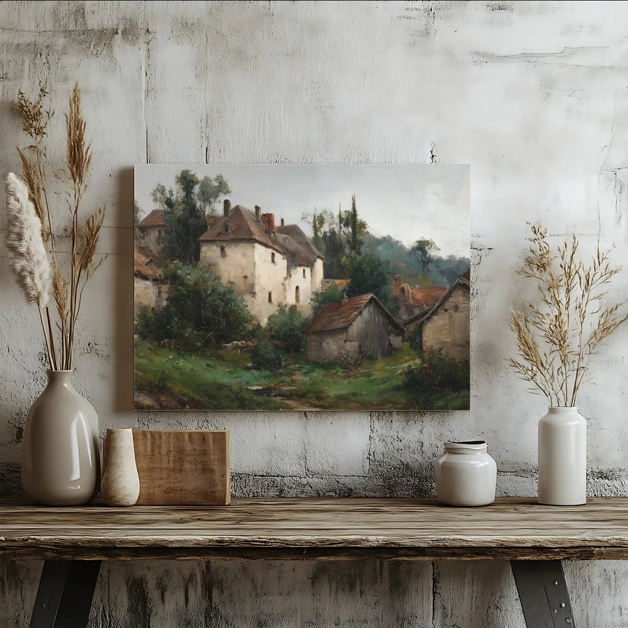Vintage Countryside Canvas Print | Rustic European Village Oil Painting | Premium Fade-Resistant Print | Collector's Living Room Wall Decor