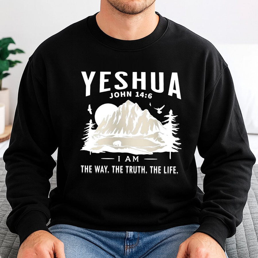 Yeshua John 14:6 Sweatshirt | Faith-Based Mountain Nature Graphic | Premium Cotton Blend | Christian Gift For Men And Women