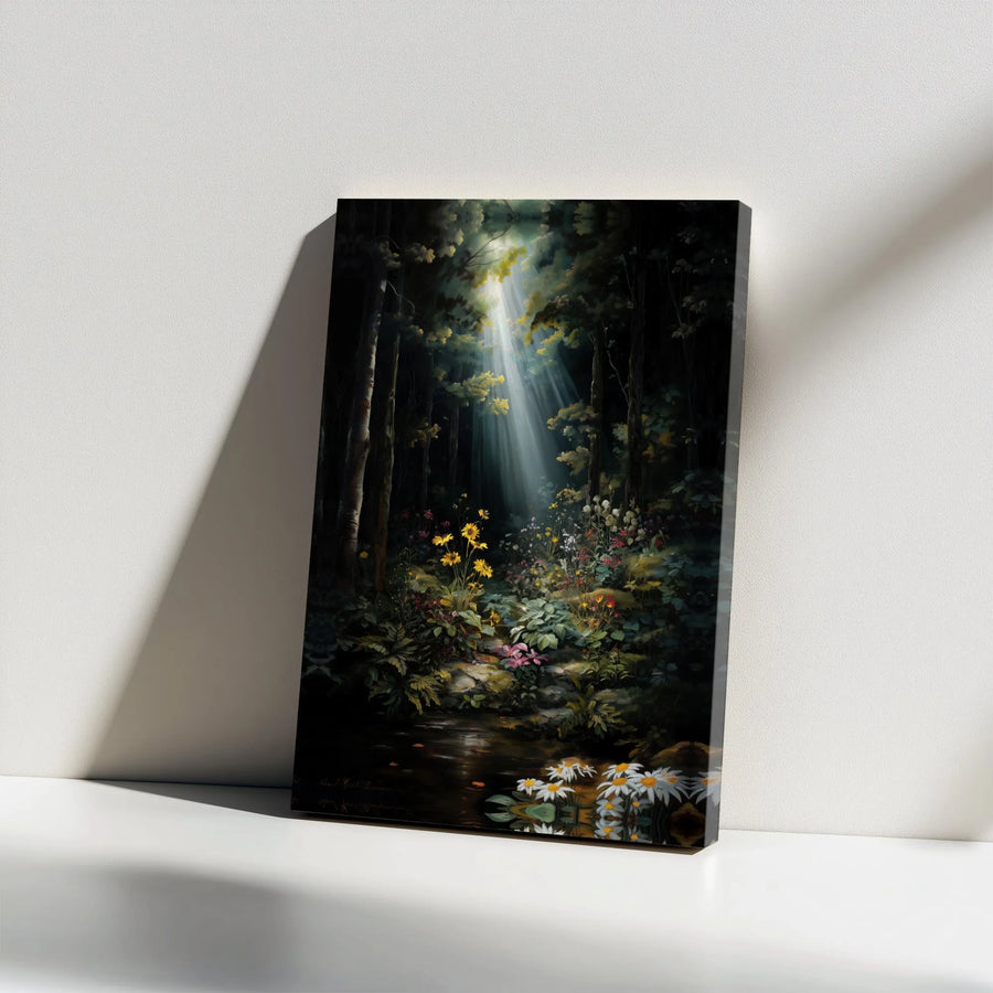 Enchanted Forest Canvas Wall Art | Sunbeam Meadow Landscape Print | 1.25 Inch Gallery Wrap | Botanical Home Decor Gift for Nature Lovers