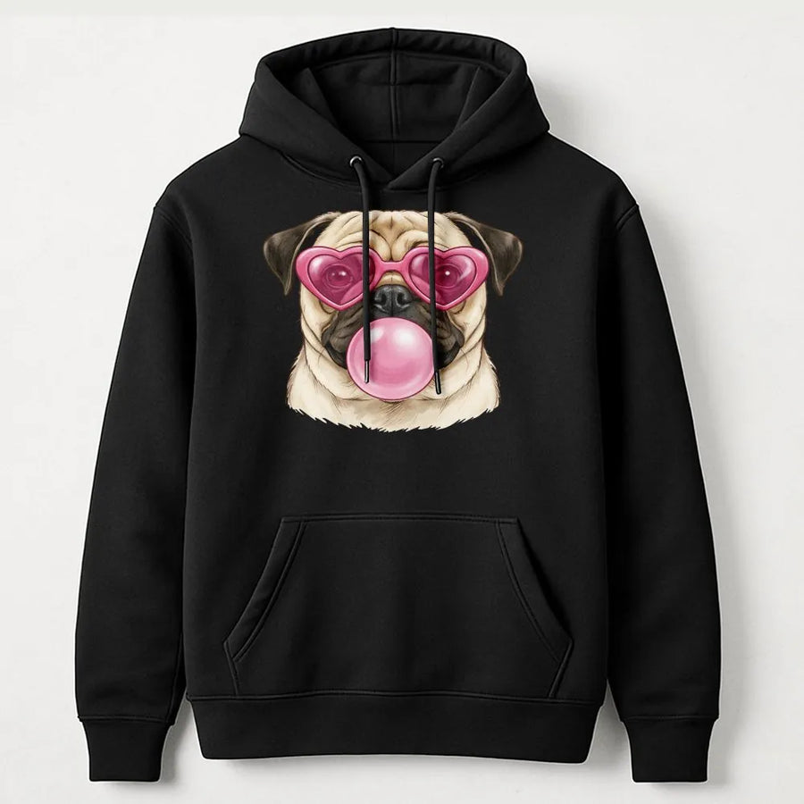 Pug Hoodie | Cute Dog With Heart Glasses And Bubblegum Graphic | Soft Cotton-Blend Premium Sweatshirt | Fun Animal Lover Gift For Men And Women