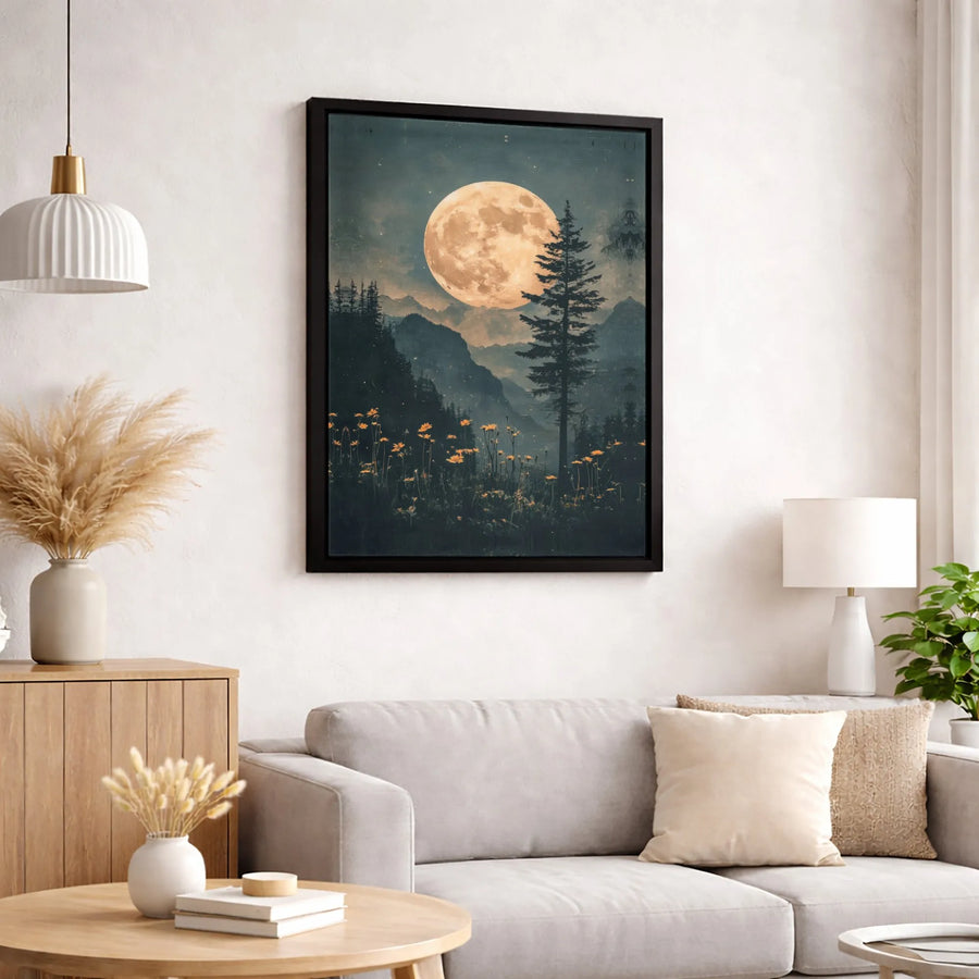 Full Moon Mountain Forest Canvas Art | Enchanting Night Landscape with Wildflowers | Premium Fade-Resistant Print | Nature Lover Home Decor Gift