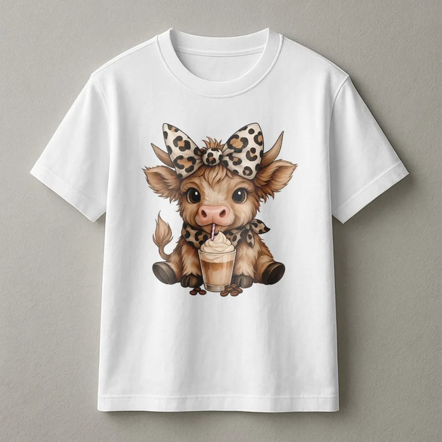 Highland Cow Coffee T-Shirt | Cute Leopard Print Bow Graphic | 100% Cotton Premium Tee | Animal Lover Gift For Women And Men