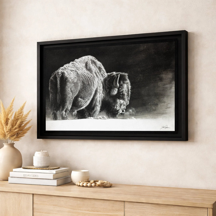 American Bison Canvas Wall Art | Charcoal Winter Wildlife Print | Premium Gallery-Wrapped Portrait | Rustic Lodge & Cabin Home Decor Gift