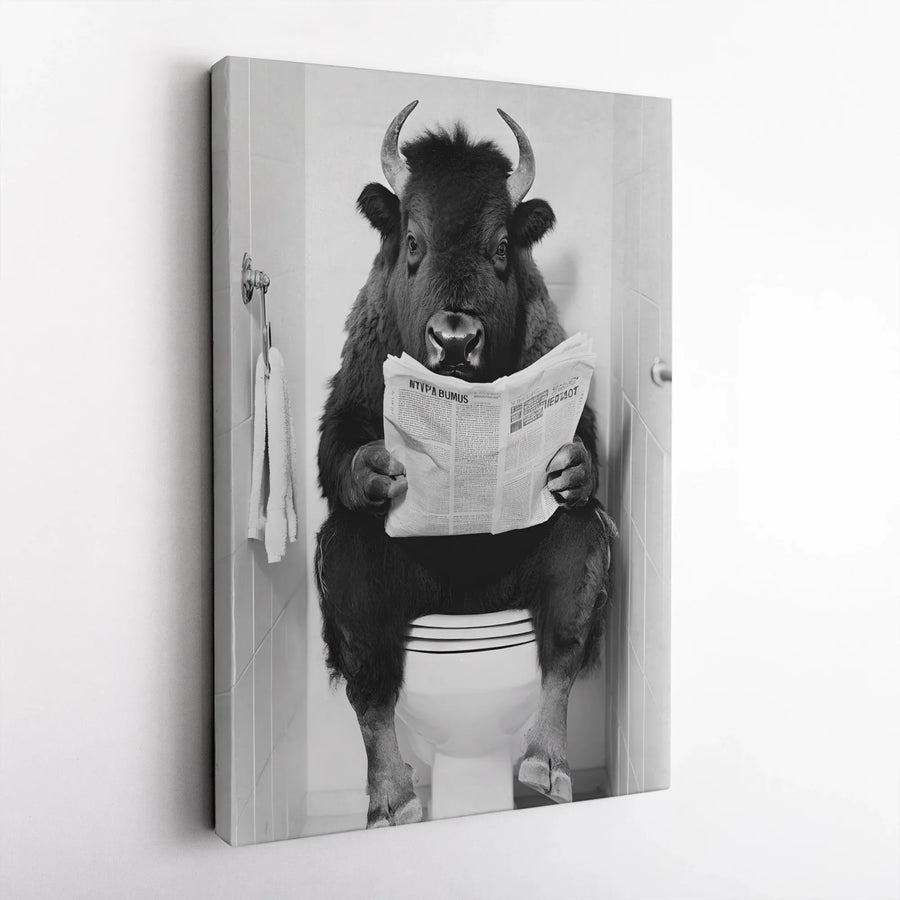 Bison Reading Newspaper On Toilet Canvas Wall Art | Funny Bathroom Decor | Premium Gallery Wrap | Humorous Gift For Men Office Decor