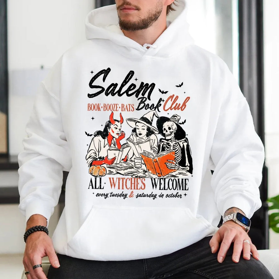 Salem Book Club Hoodie | Spooky Witch Reading Graphic | Premium Cotton Blend Sweatshirt | Halloween Gift for Book Lovers