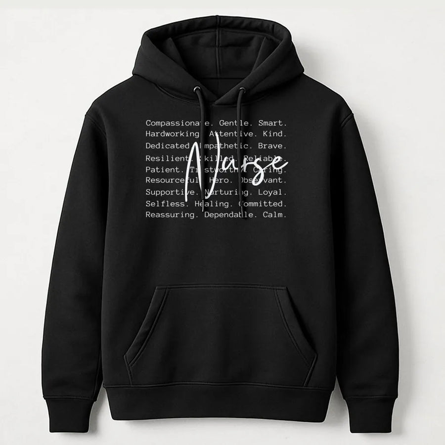 Nurse Hoodie | Descriptive Traits Typography Design | Premium Cotton Blend | Graduation Gift for RN CNA Nursing Student