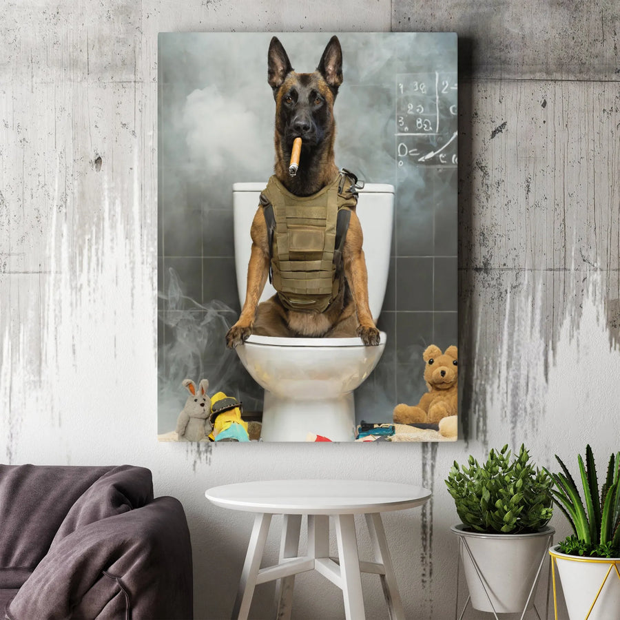 Belgian Malinois Wall Art | Tactical Dog Smoking Cigar on Toilet Print | Premium 1.25" Gallery Canvas | Funny Military Dog Lover Gift