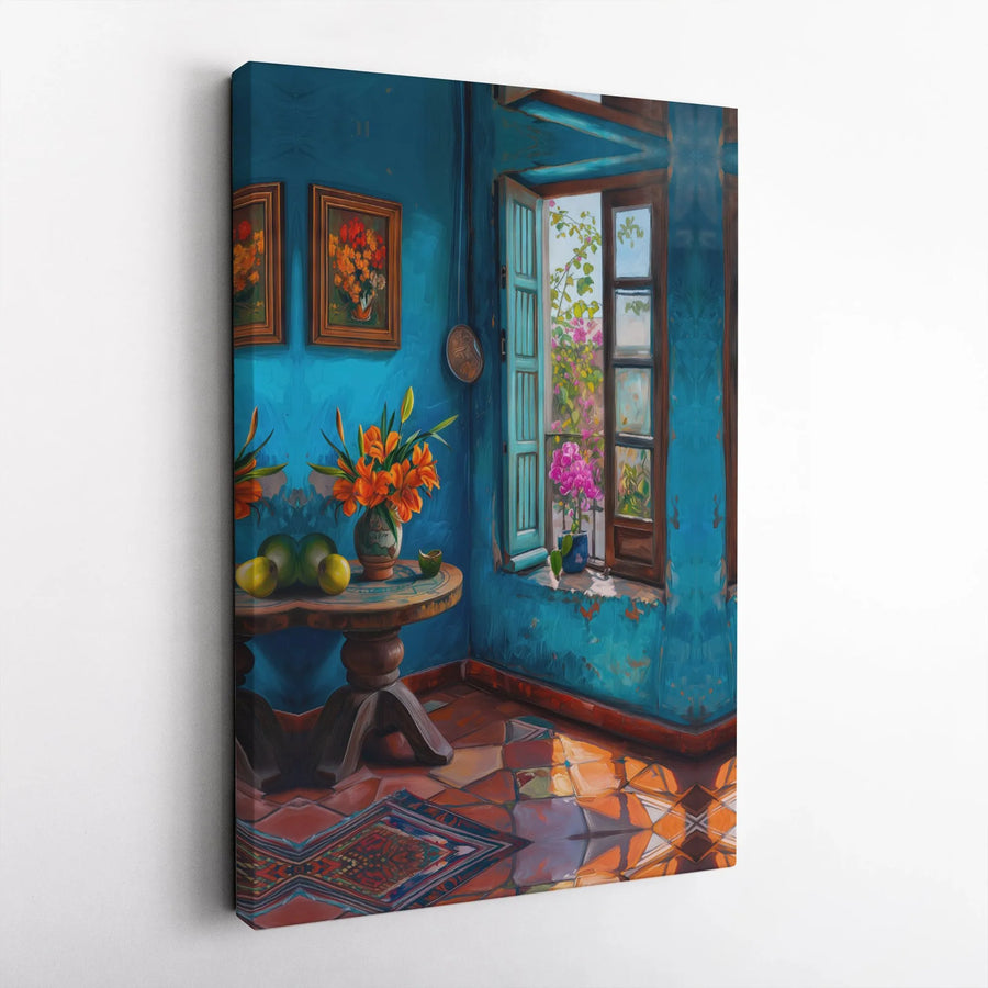 Mediterranean Wall Art Canvas | Rustic Blue Interior With Open Window View | Premium Gallery Wrap Print | Coastal Home Decor Gift