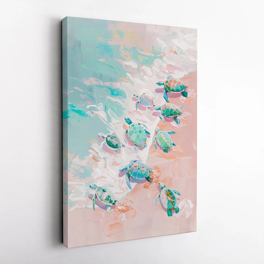 Baby Sea Turtle Wall Art | Abstract Pastel Ocean Beach Painting | Premium Gallery-Wrapped Canvas | Coastal Decor Nursery Gift