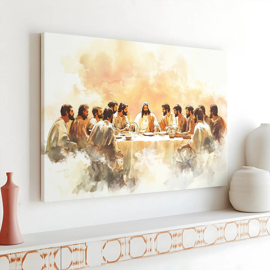 Last Supper Canvas Print | Watercolor Jesus And Apostles Wall Art | Gallery Wrapped Premium Canvas | Religious Home Decor Gift