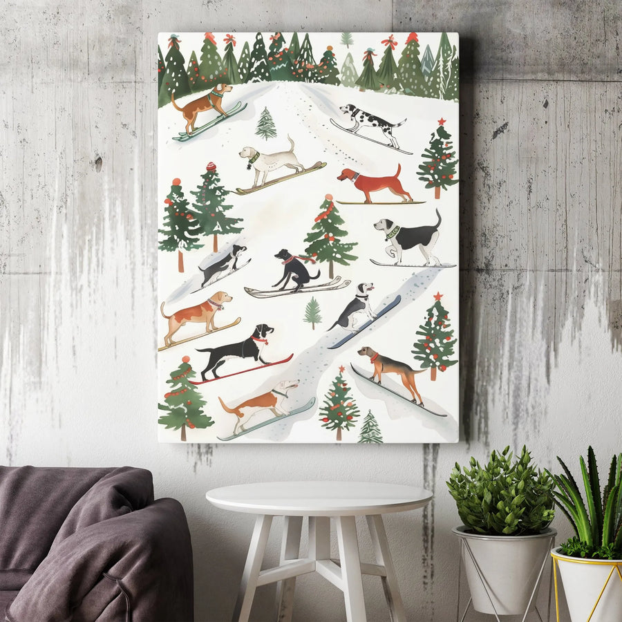 Skiing Dogs Christmas Wall Art | Whimsical Winter Snow Sport Decor | Premium Gallery Wrap Canvas | Holiday Gift for Dog Lovers