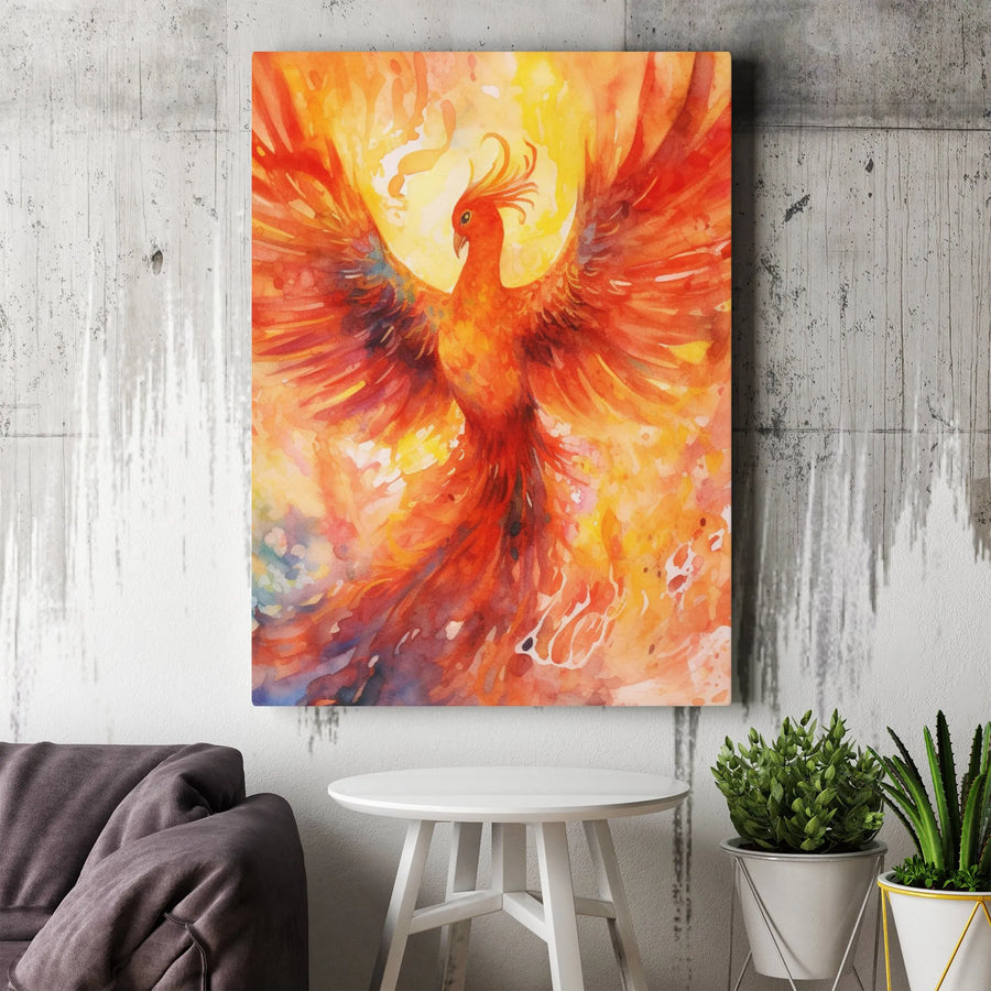 Fiery Phoenix Rising Canvas Wall Art | Abstract Watercolor Bird Print | Premium 1.25-Inch Gallery Wrap | Mythical Home Decor Gift