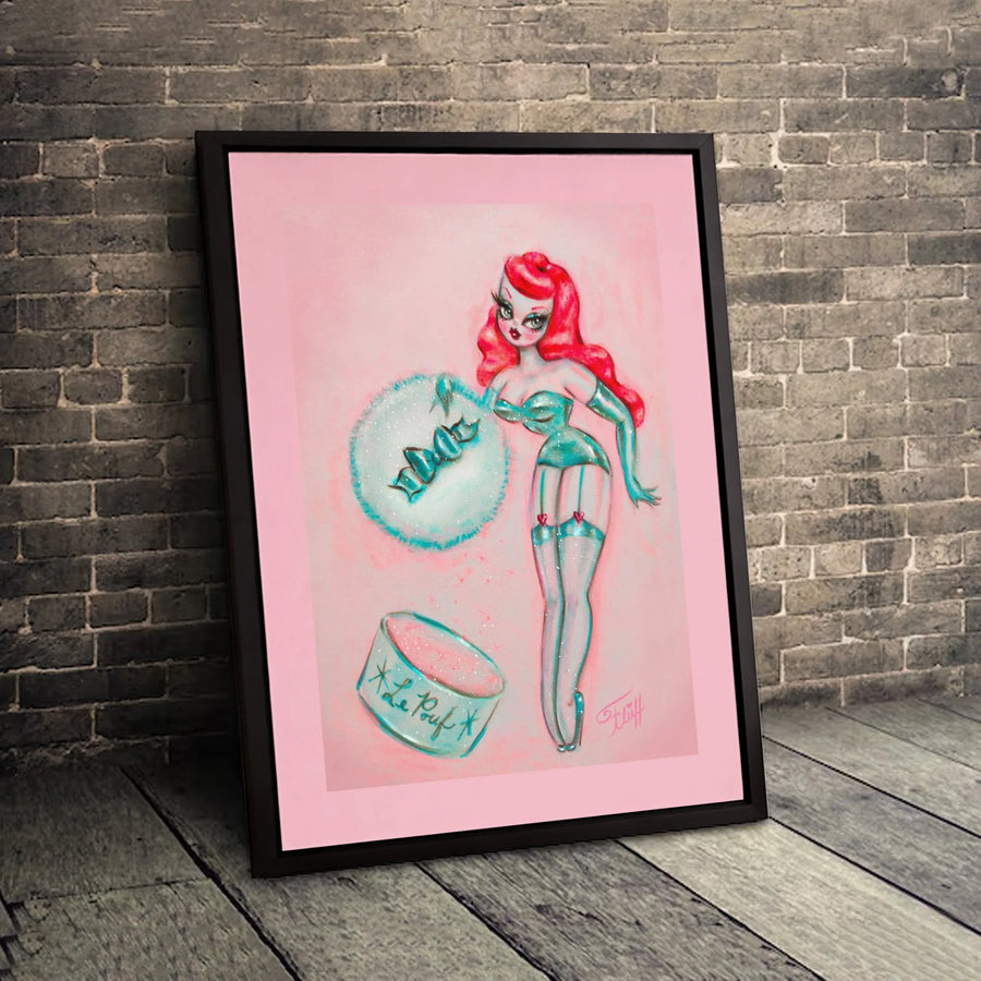Pin-Up Girl Wall Art | Vintage Style Redhead With Powder Puff | Premium Gallery Canvas | Retro Bedroom Decor Gift