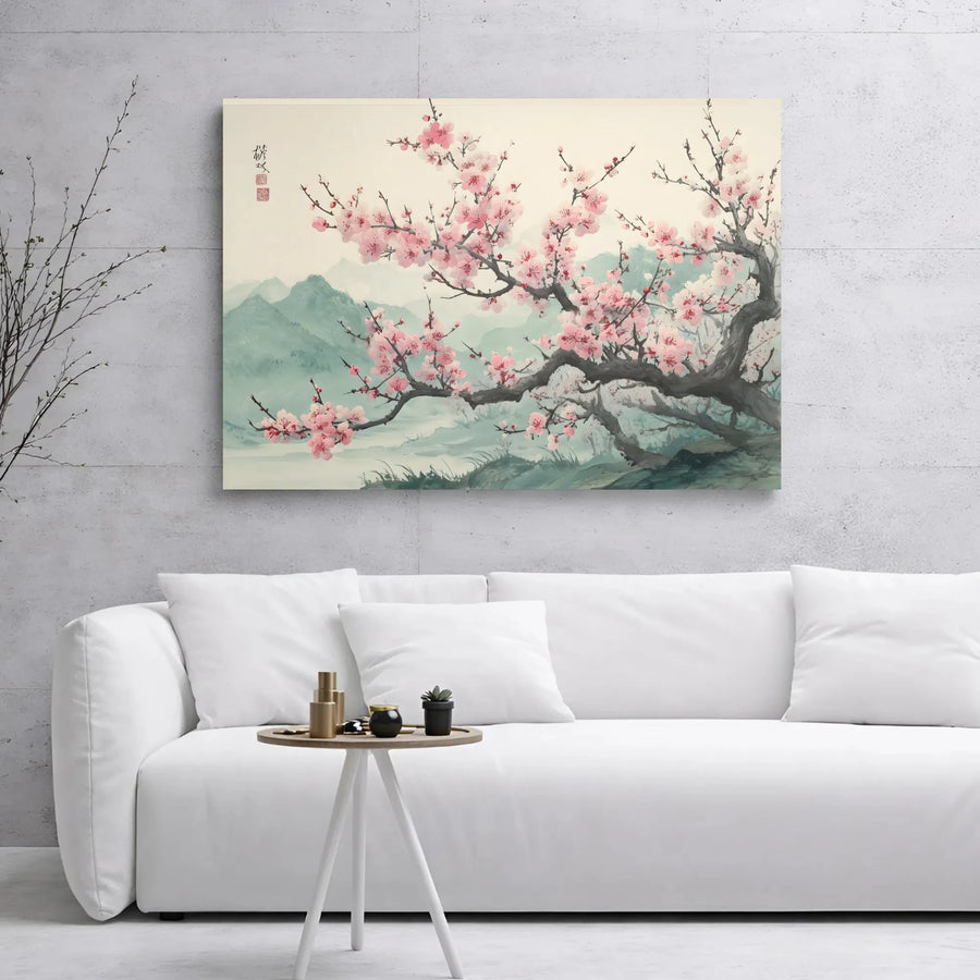 Cherry Blossom Wall Art | Asian Ink Painting with Misty Mountains | Premium Gallery Wrap Canvas | Zen Home Decor Gift for Nature Lovers