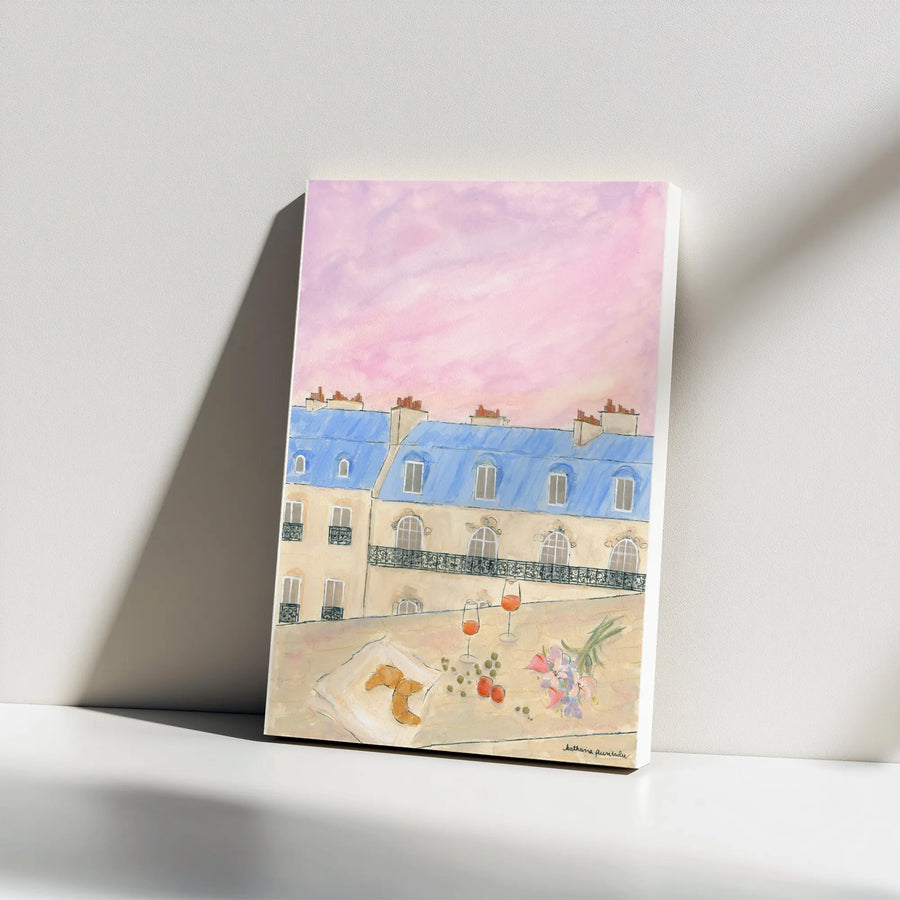 Parisian Rooftop Vertical Canvas | Romantic Paris Balcony Scene | Premium Gallery Wrap Wall Art | French Themed Home Decor Gift